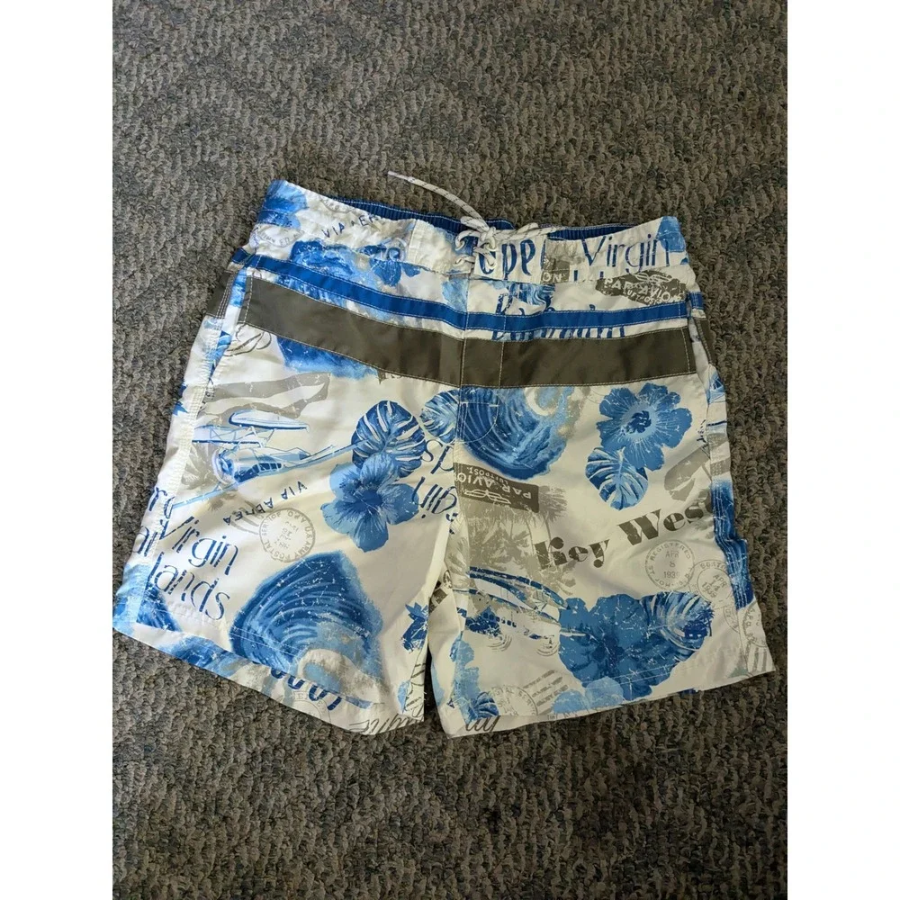 Caribbean Joe Mens Blue Tropical Postcard Floral Swim Trunks Board Shorts Large